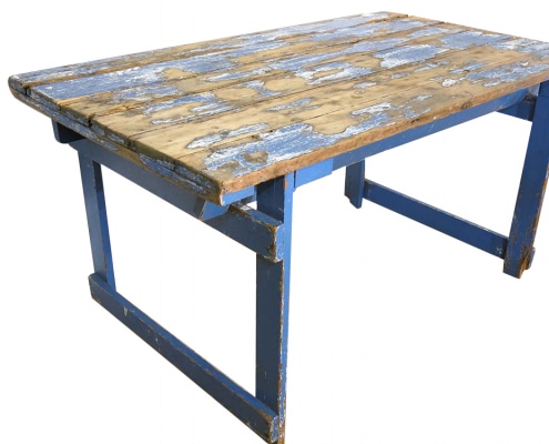 worn blue painted wooden table